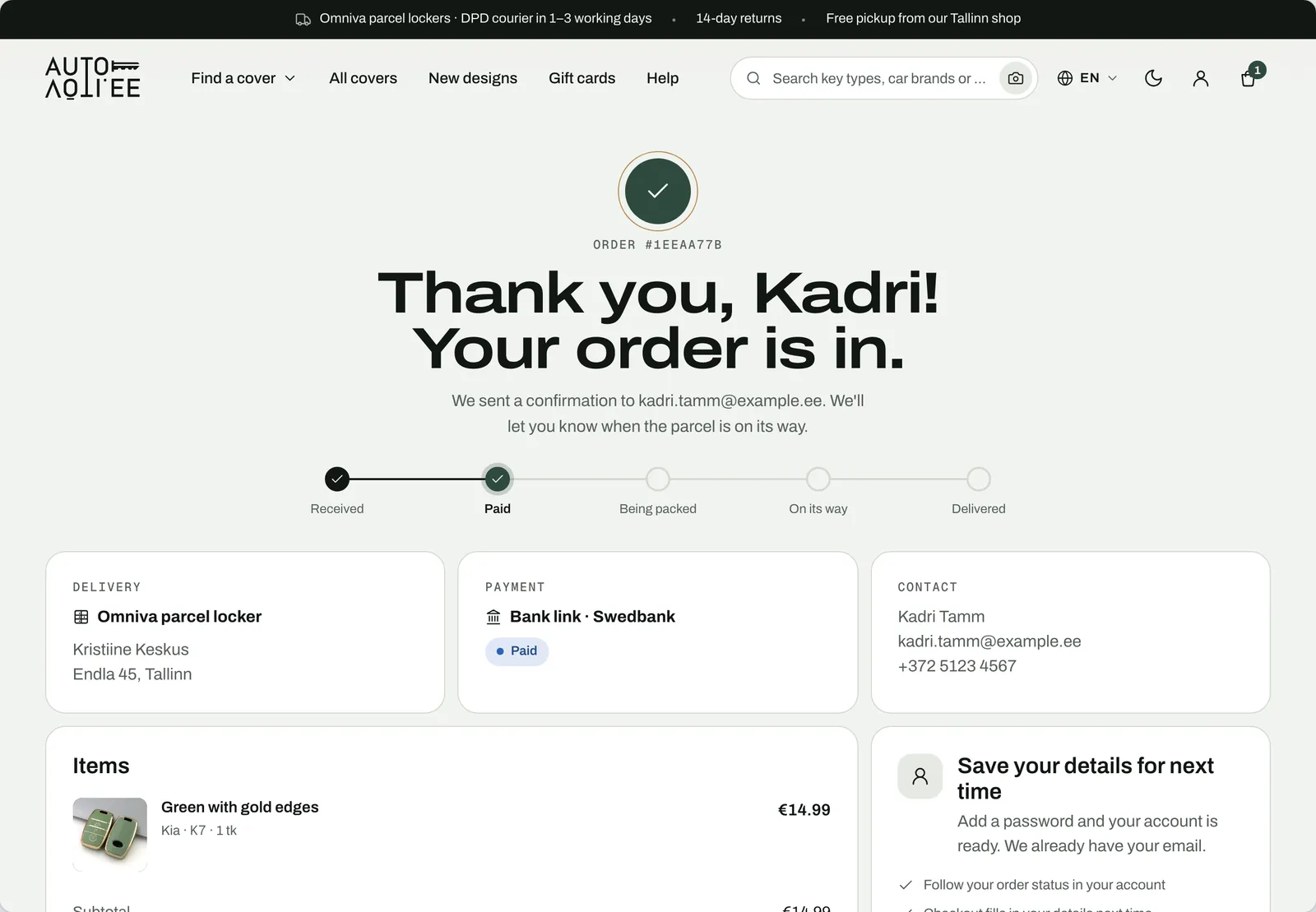 The order confirmation design: a status timeline, delivery and payment details, and an invitation to save the details for next time.