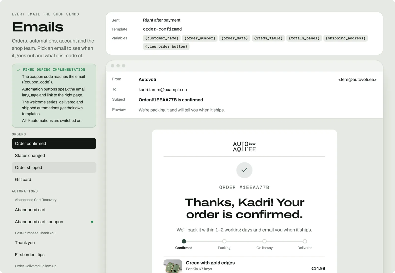 The email gallery in the studio: every message the shop sends, with its trigger, template name and variables.