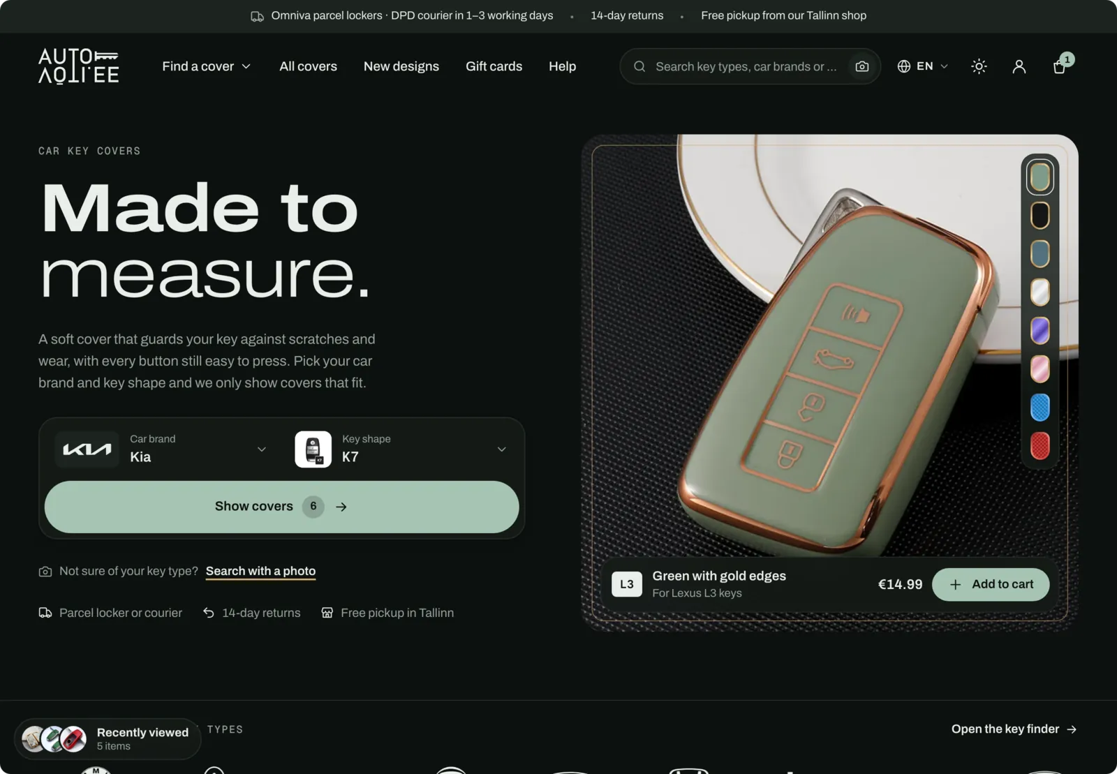 The home page design in dark mode, with the Onyx and gold palette.