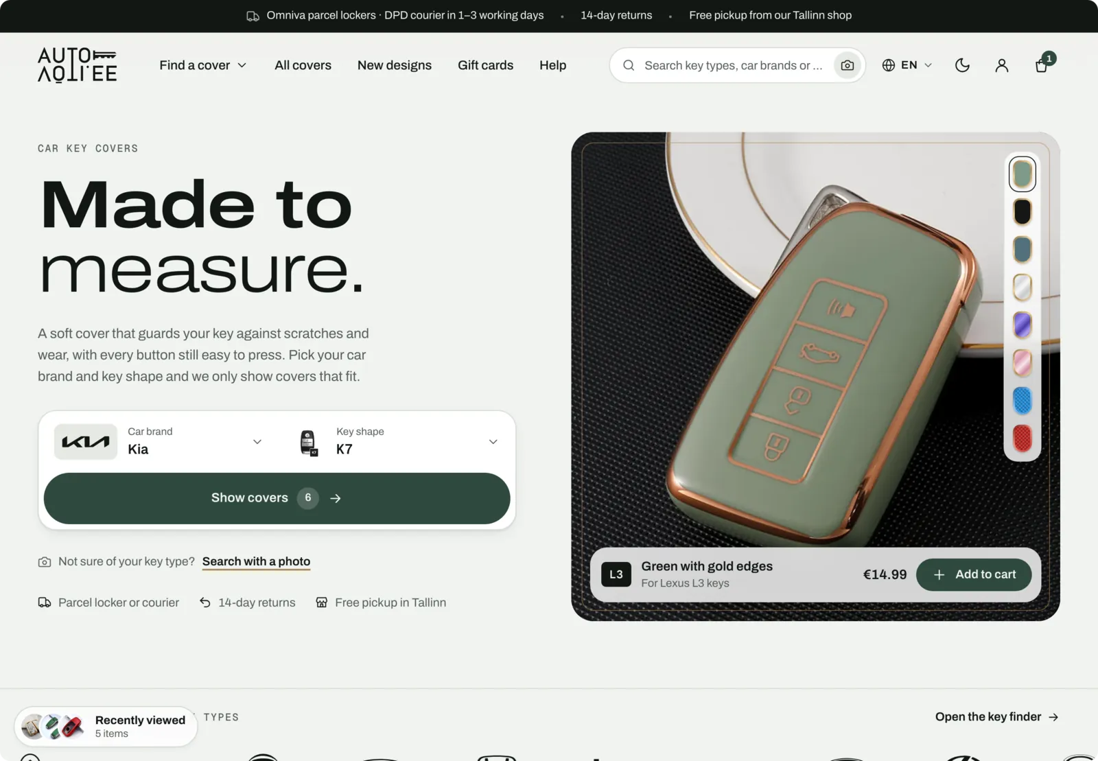 The new Autovõti home page design: pick a car brand and a key shape, and the shop only shows covers that fit.