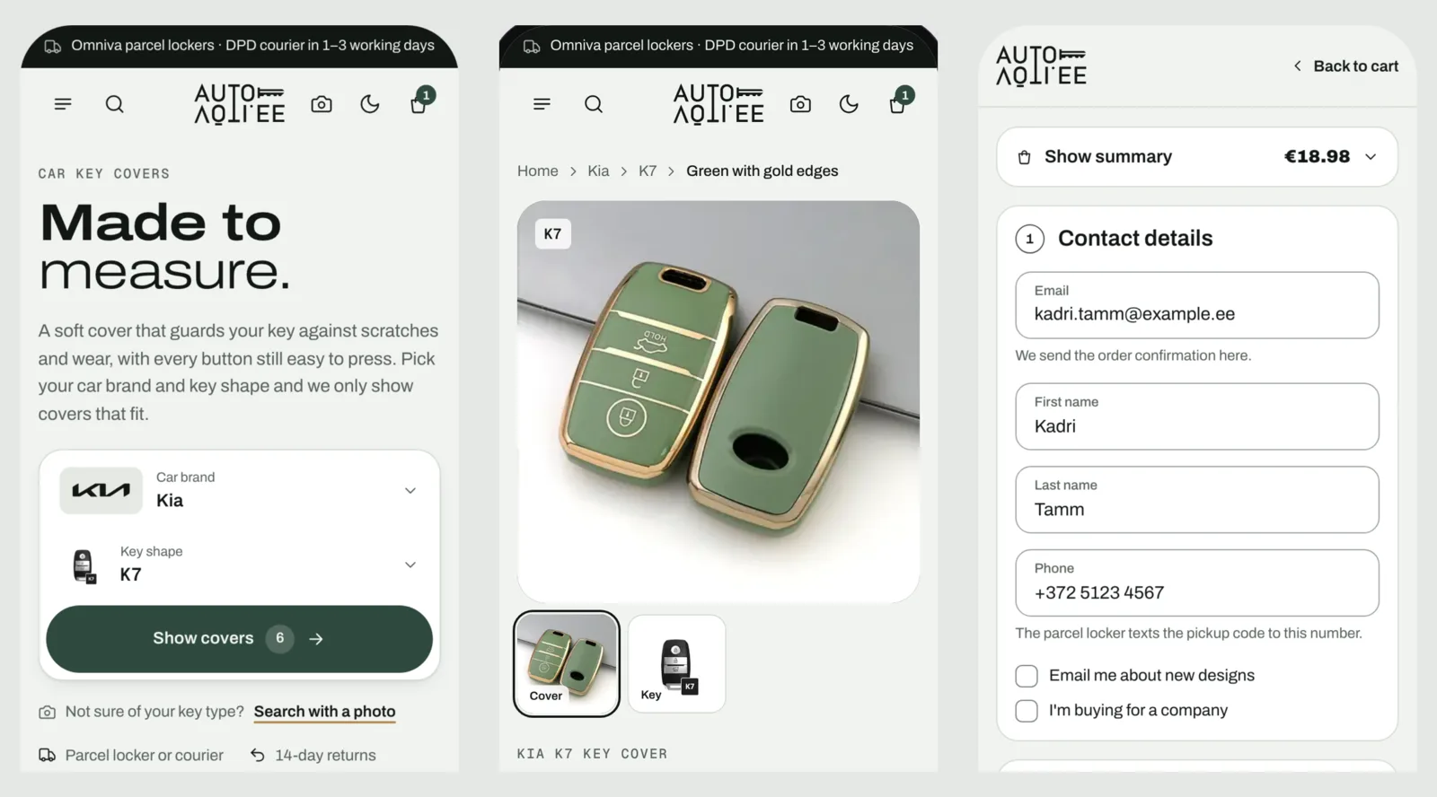 The design on a phone: home, product and checkout.