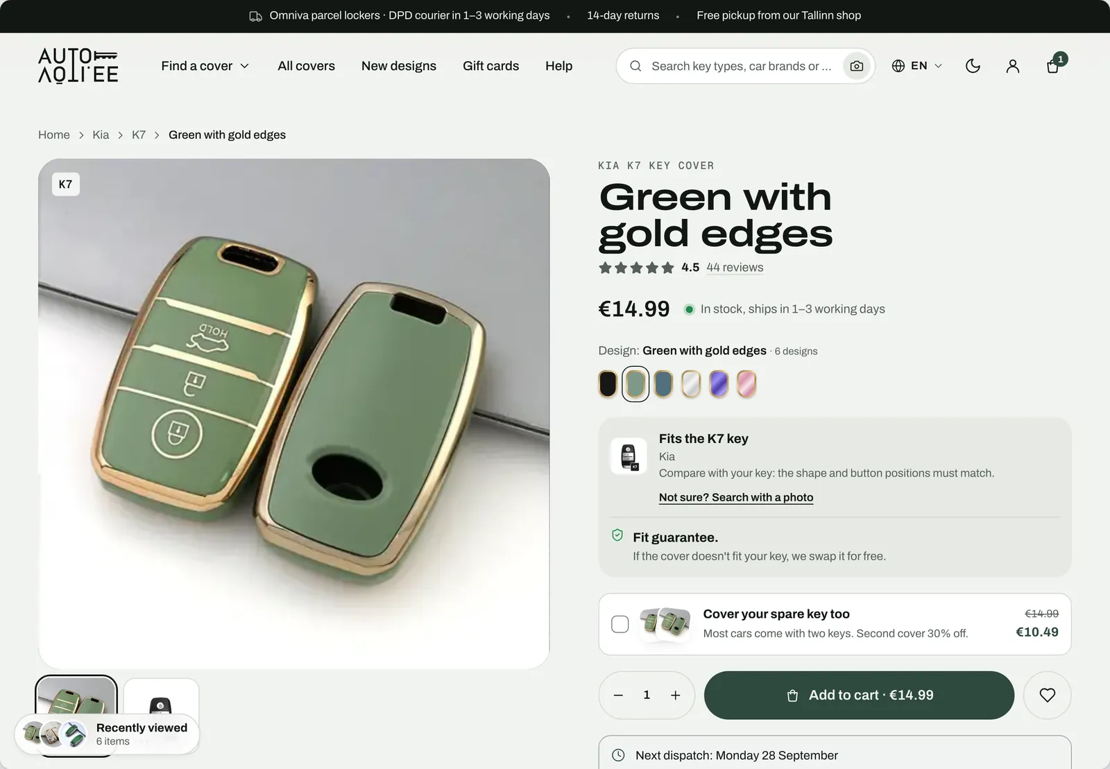 The product page design for a Kia K7 cover: colourway swatches, a fit guarantee and an offer for the spare key.