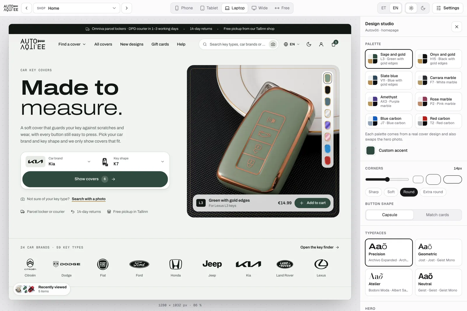 The design studio: every page of the shop in a device frame, with the design system on the right, down to palettes lifted from real cover colourways.